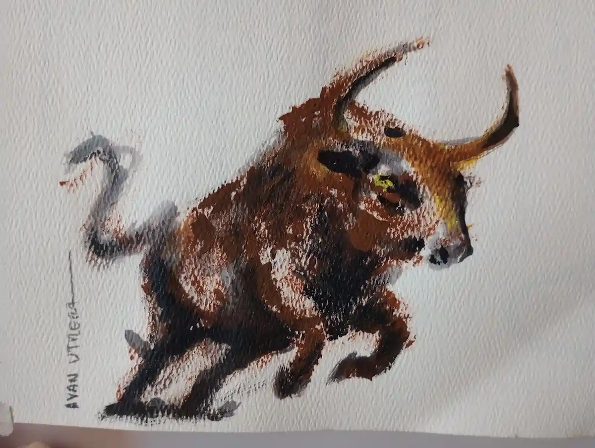 A watercolor painting of a brown bull with curved horns, painted on textured white paper, with the artist's signature 'AVAN…