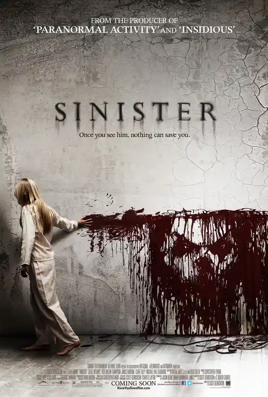 A movie poster for 'Sinister' shows a young girl in pajamas touching a wall covered in red paint that drips down, with the…