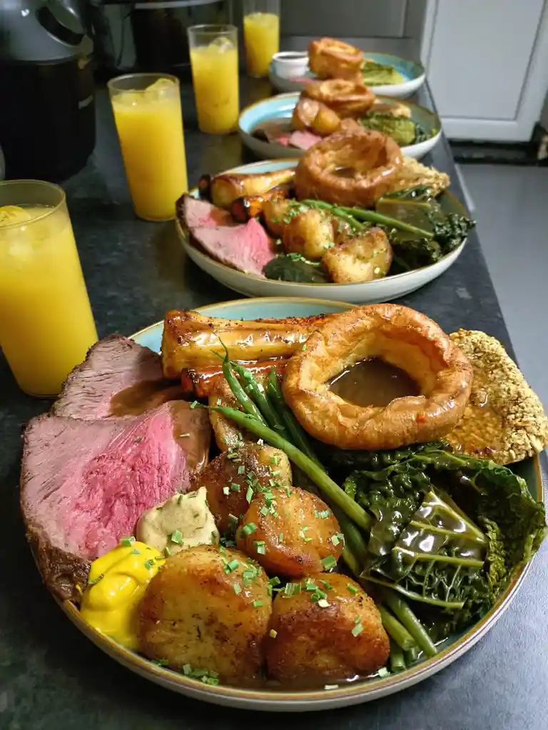 Two plates of roast beef with Yorkshire pudding, roasted potatoes, green beans, kale, and gravy are arranged on a dark…