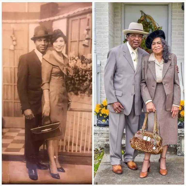 A side-by-side comparison of an older couple in two photos: left, a vintage sepia-toned photo of them as young adults in…