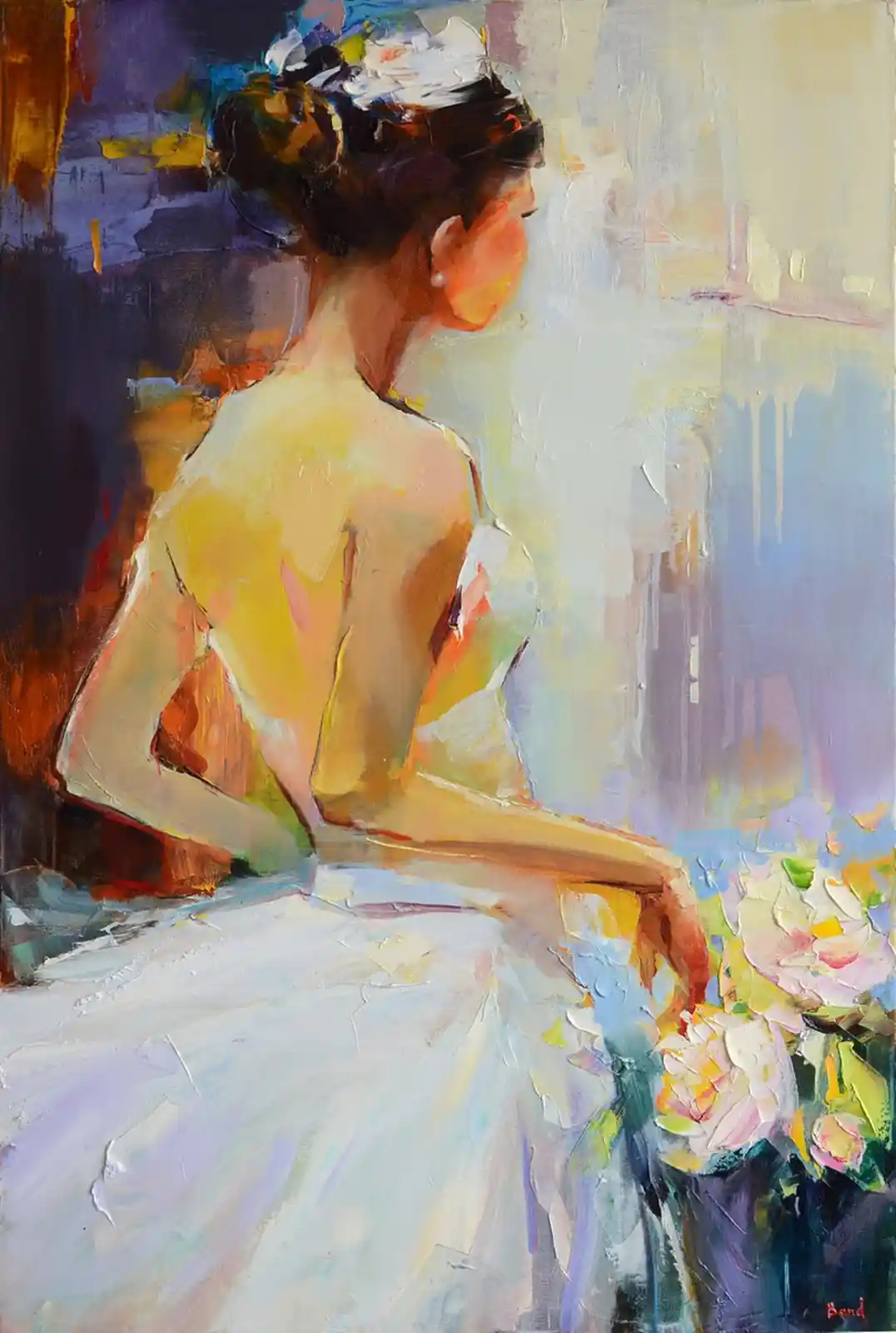 An impressionistic painting shows a woman in a white wedding dress from behind, holding a bouquet of flowers, with the…