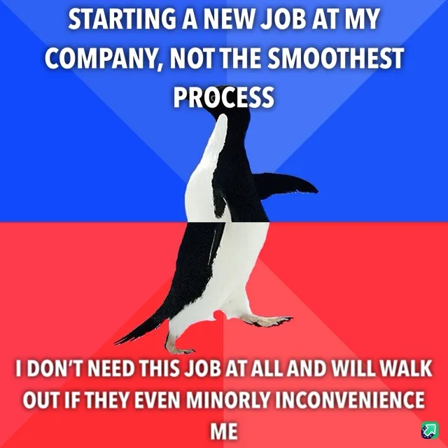 A penguin is split vertically down the middle, with the top half against a blue background and the bottom half against a red…