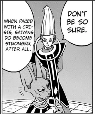 A black-and-white manga panel shows a tall, spiky-haired Saiyan character standing over a smaller, crouching Saiyan. The…