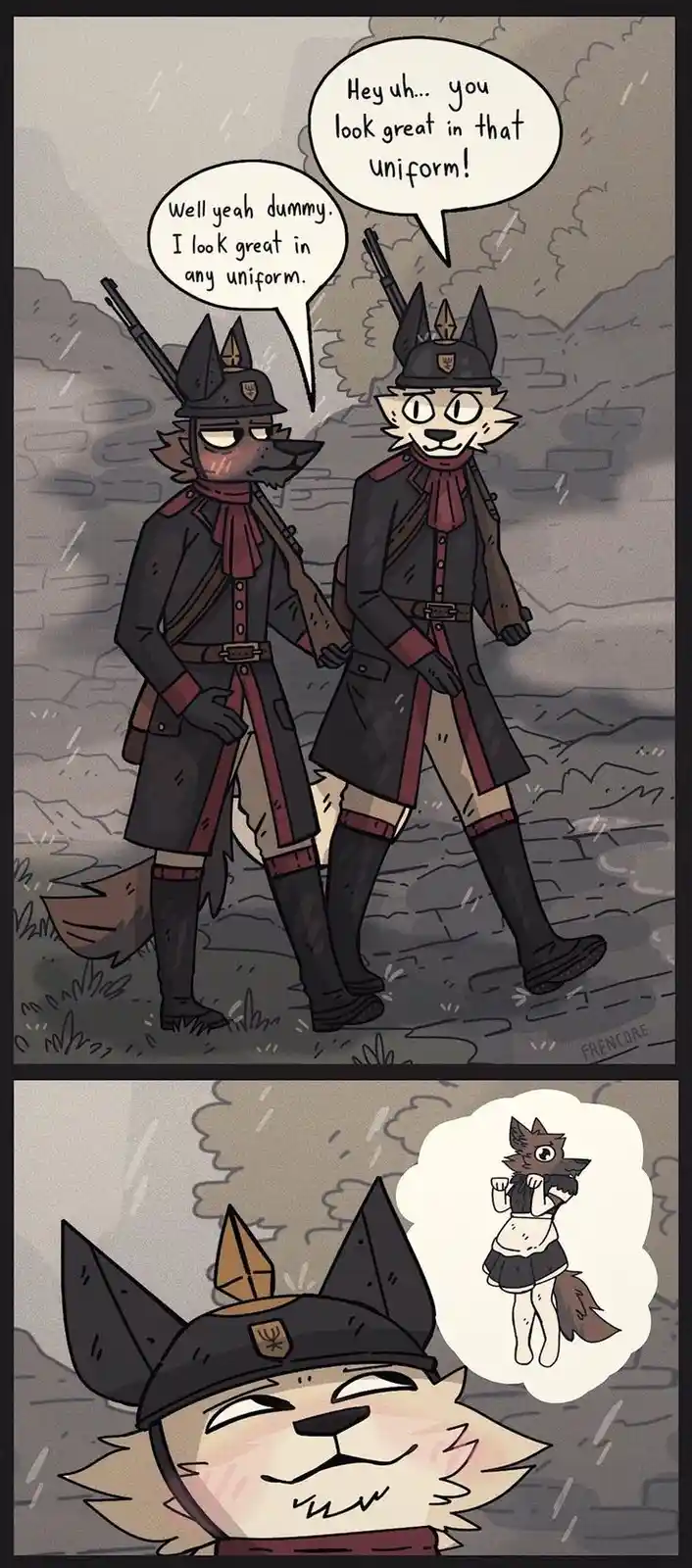 Two anthropomorphic wolf soldiers in dark uniforms with red accents and rifles walk through a rainy, gray landscape. One…