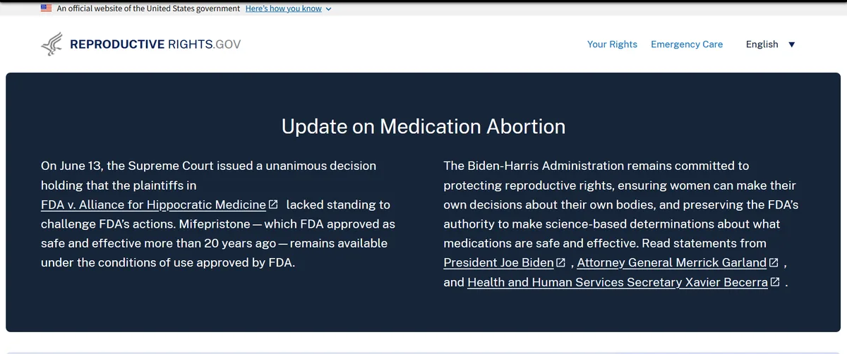 A screenshot of the official U.S. government website REPRODUCTIVE RIGHTS.GOV shows a dark blue banner with white text…