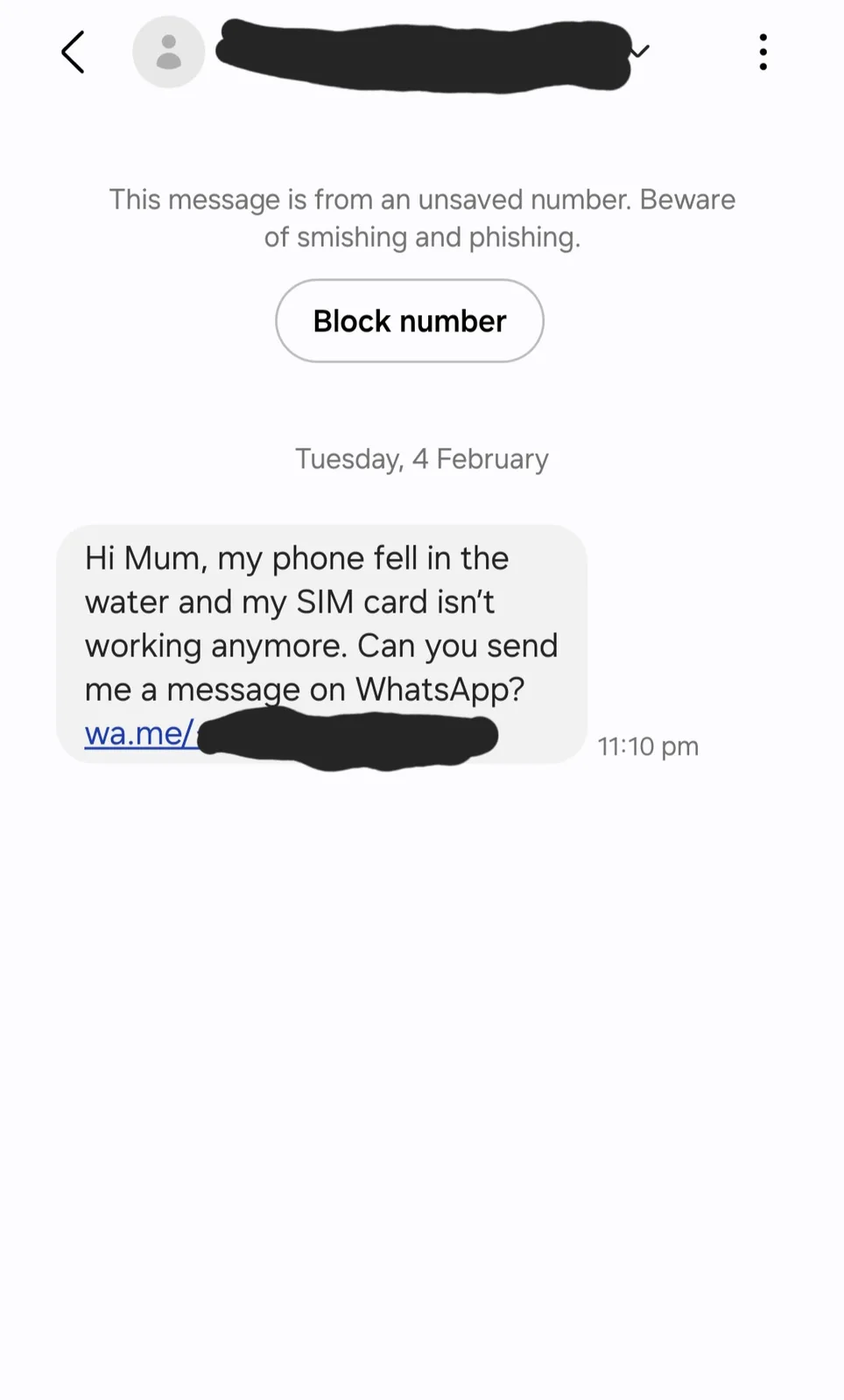 A screenshot of a WhatsApp message from an unsaved number warns of smishing and phishing, showing a message from 'Mum'…