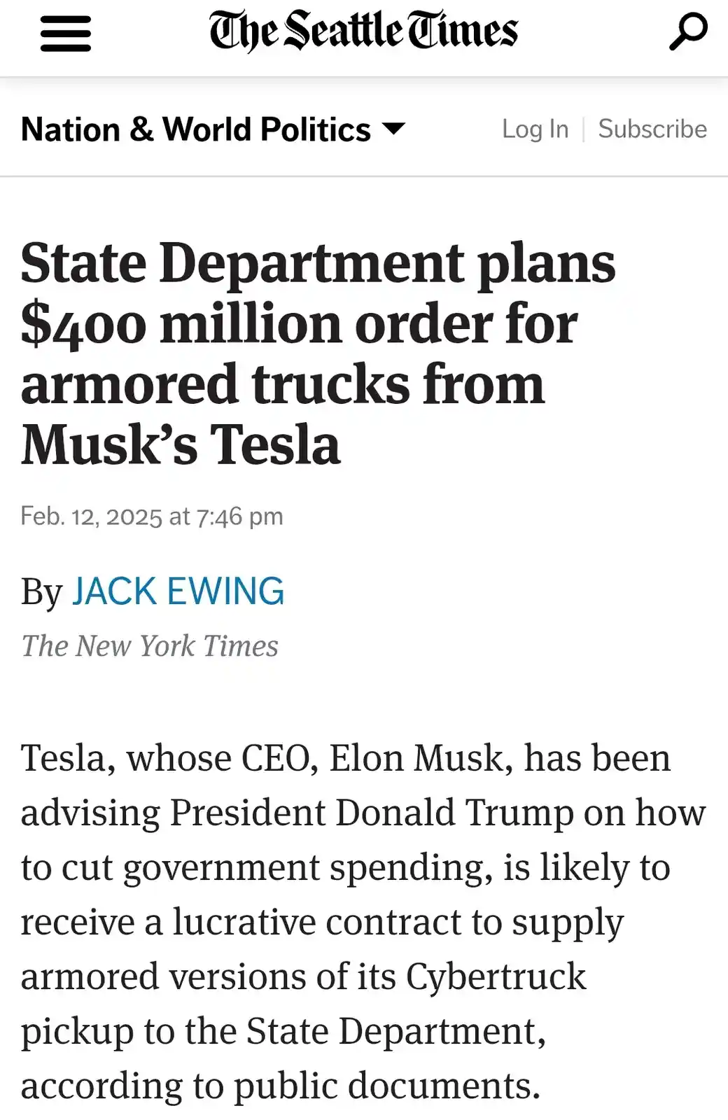 A screenshot of a fake news article from The Seattle Times, dated Feb. 12, 2025, falsely claiming the State Department plans…