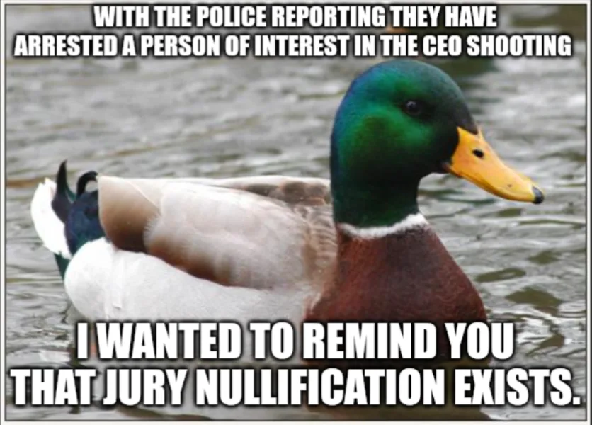 A still image of a mallard duck with a calm, slightly smug expression floating on water. White bold text is overlaid in two…