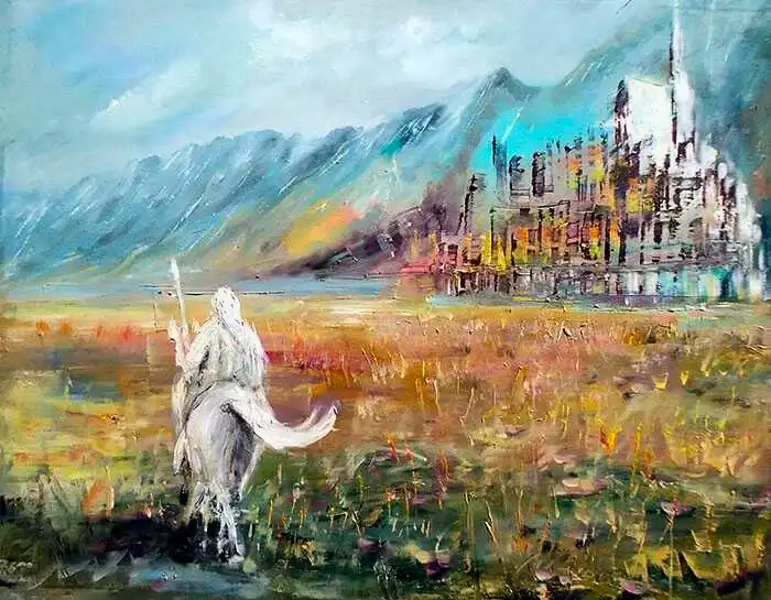 A painterly, impressionistic artwork depicts a lone knight in white armor riding a white horse across a field of tall grass…