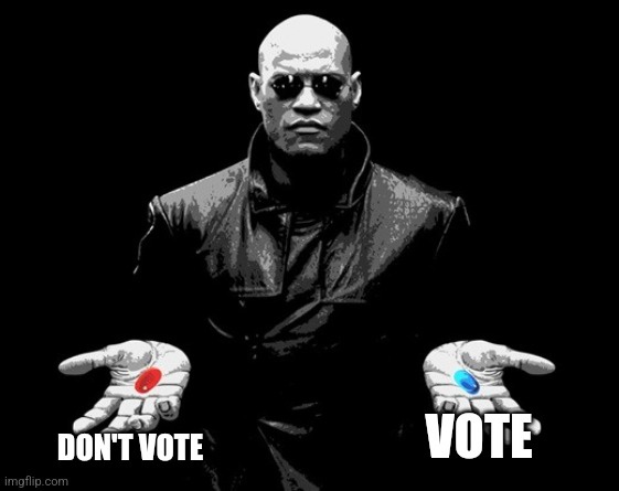 A black-and-white image of the character Morpheus from 'The Matrix' holding out both hands, one with a red pill and the…