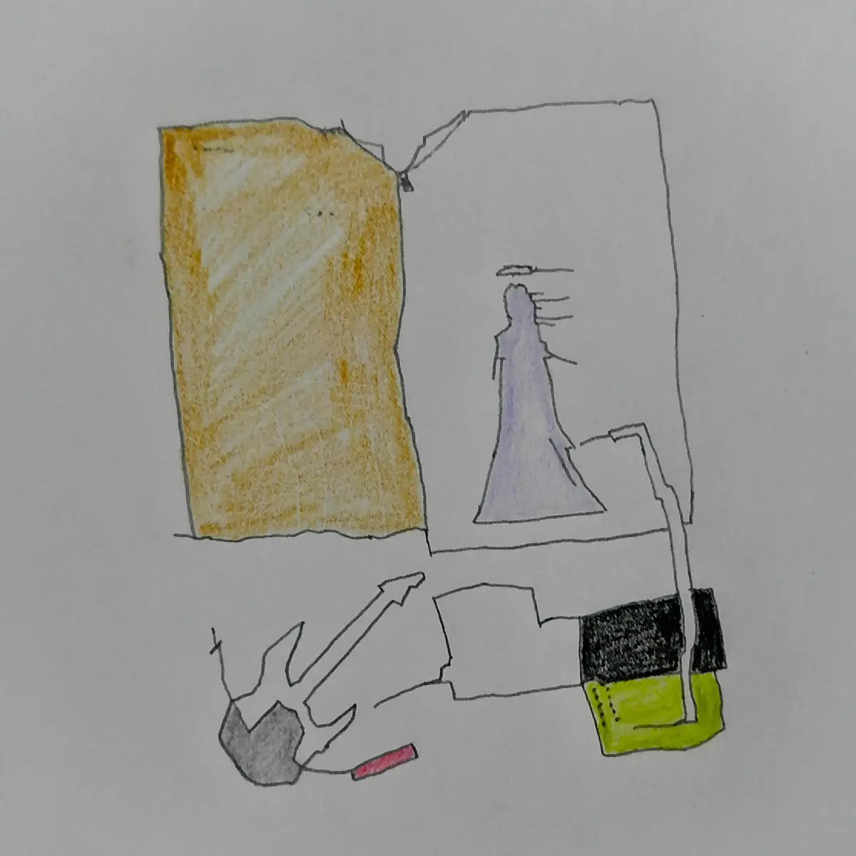 A hand-drawn, crudely colored sketch depicts a stylized, purple, angelic-looking figure standing on a platform next to a…