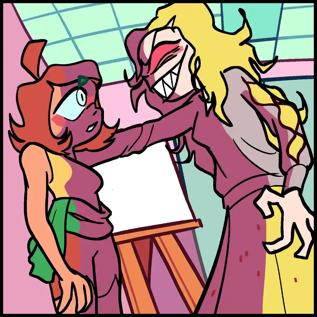 Two cartoon characters are depicted in a room with a canvas on an easel. The character on the right, with long blonde hair…