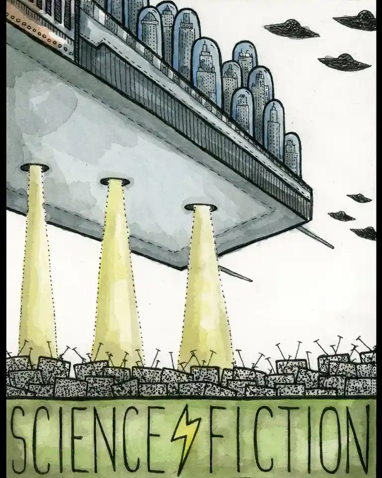 An illustration shows a floating city with skyscrapers under glass domes, hovering above a ground covered in old, broken…