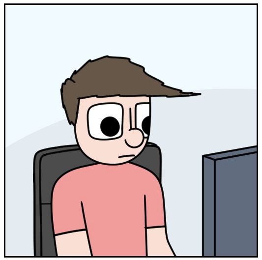A cartoon man with brown hair and a pink shirt sits in a black chair, looking at a computer monitor with a bored or tired…