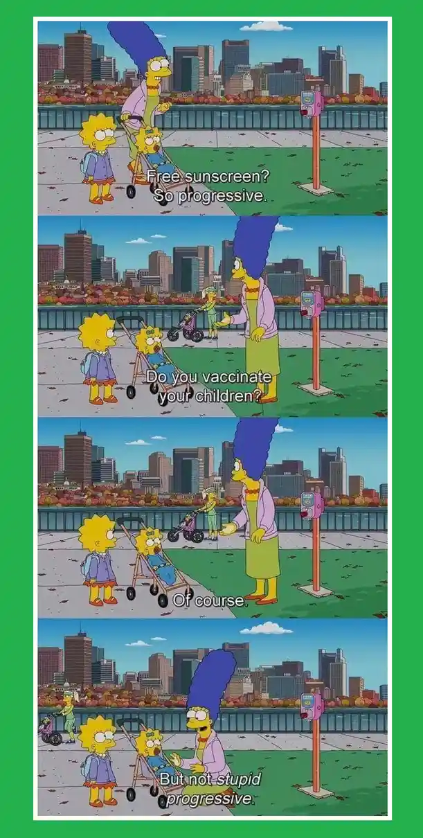 A four-panel Simpsons meme showing Marge Simpson walking with her children, Lisa and Maggie, in a park. In the first panel…
