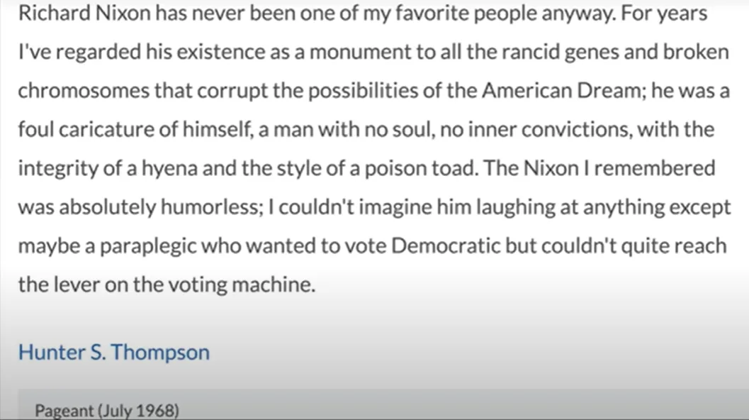 The image displays a block of text attributed to Hunter S. Thompson, describing Richard Nixon with strong negative language…