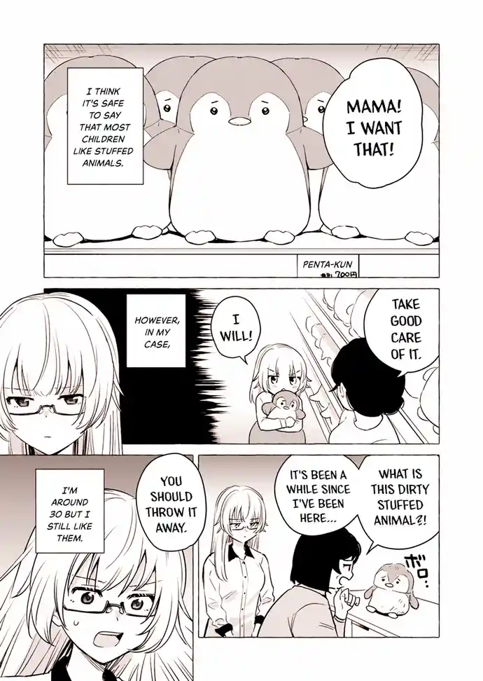 A manga panel shows penguins stating children like stuffed animals, then a woman in her 30s buys a penguin plushie, only to…