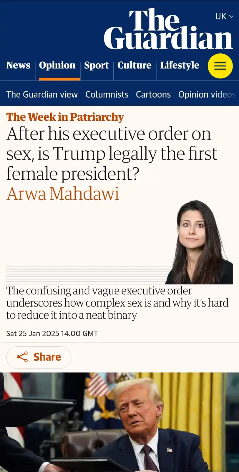 A screenshot of The Guardian's opinion article page, featuring a headline asking if Donald Trump is legally the first female…
