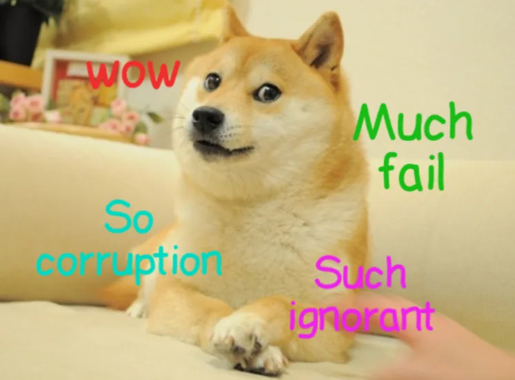 A shiba inu dog sits on a couch with overlaid text in various colors: 'wow' in red, 'Much fail' in green, 'So corruption' in…