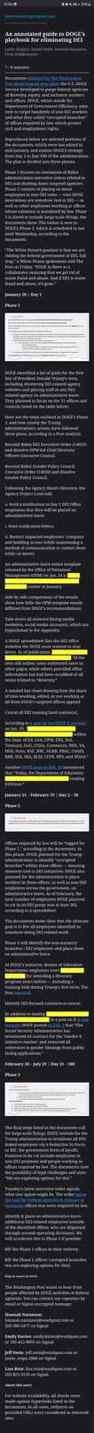 A screenshot of a Washington Post article titled 'An annotated guide to DOGE's playbook for eliminating DEI' shows a…