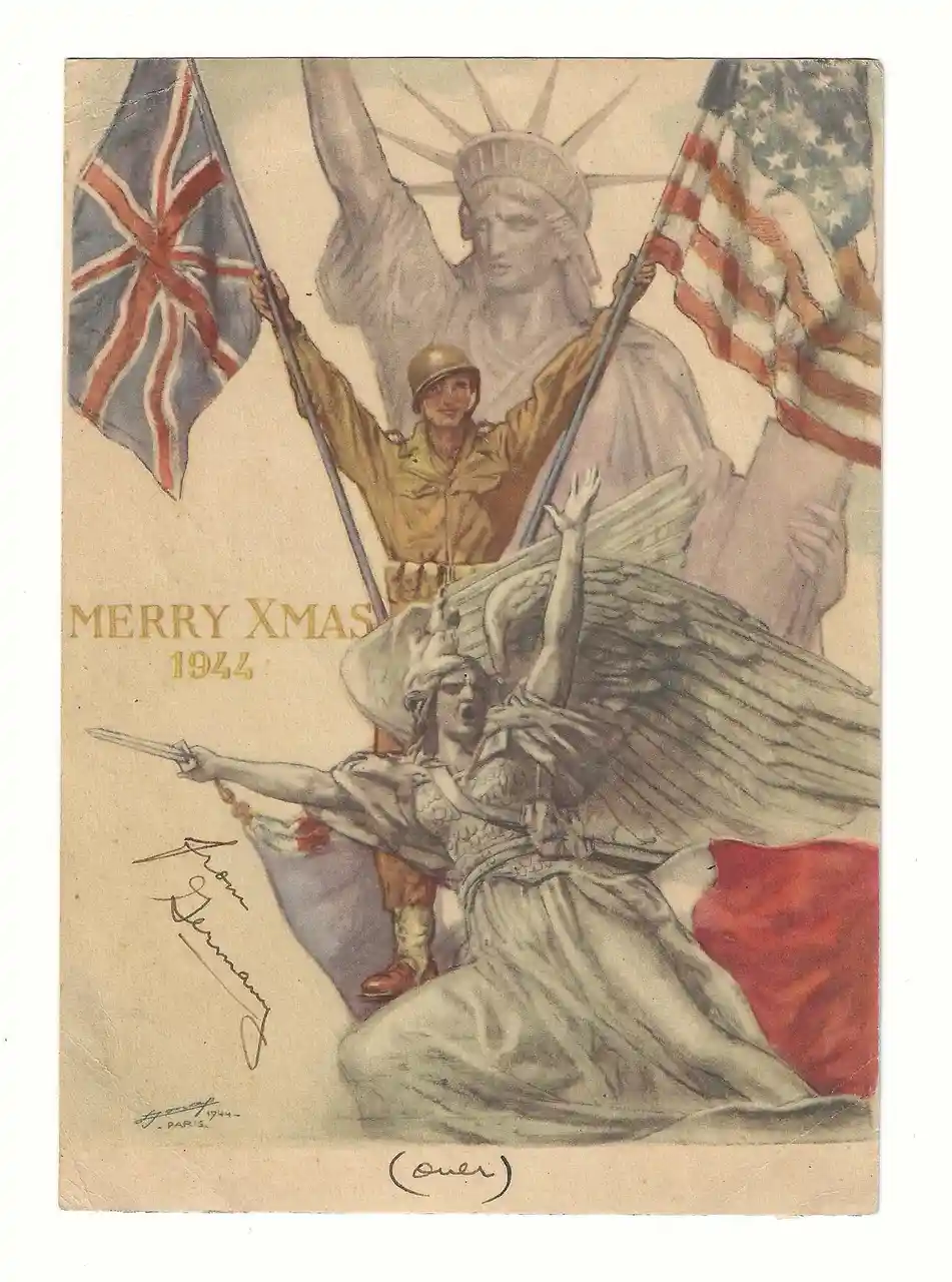 A vintage 1944 Christmas card depicts a soldier holding American and British flags, with the Statue of Liberty behind him…
