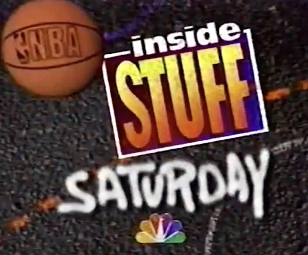 The image displays the logo for 'Inside Stuff Saturday,' a former NBA programming block on NBC, featuring a basketball with…