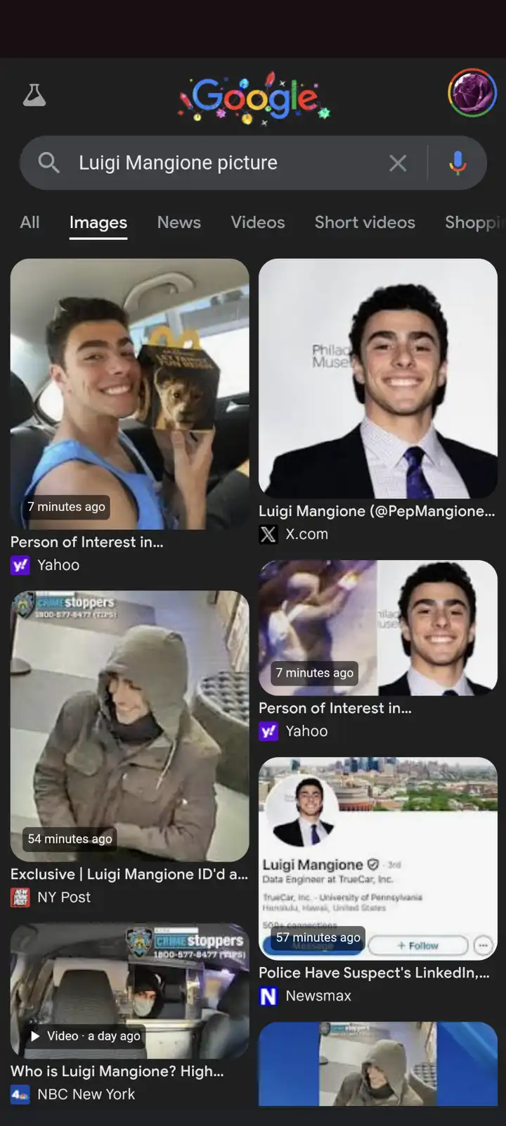 A Google Images search for 'Luigi Mangione picture' shows a mix of his official photos, a mugshot of a hooded suspect, and…