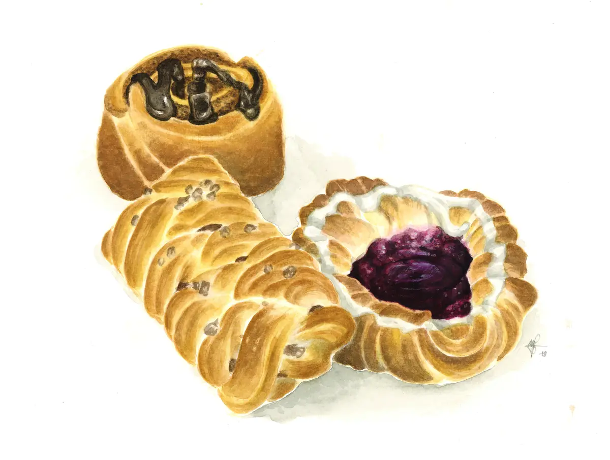 A watercolor illustration of three pastries: a chocolate-drizzled bun, a braided roll with chocolate chips, and a tart with…