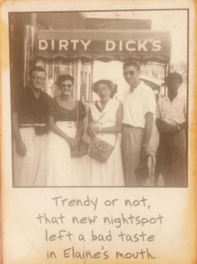 A vintage black-and-white photo shows five people posing in front of a storefront with a sign reading 'DIRTY DICK'S'. The…