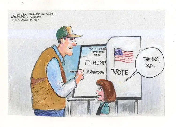 A cartoon depicts a man in a cap and vest voting at a polling booth, checking 'HARRIS' on a ballot for president while…