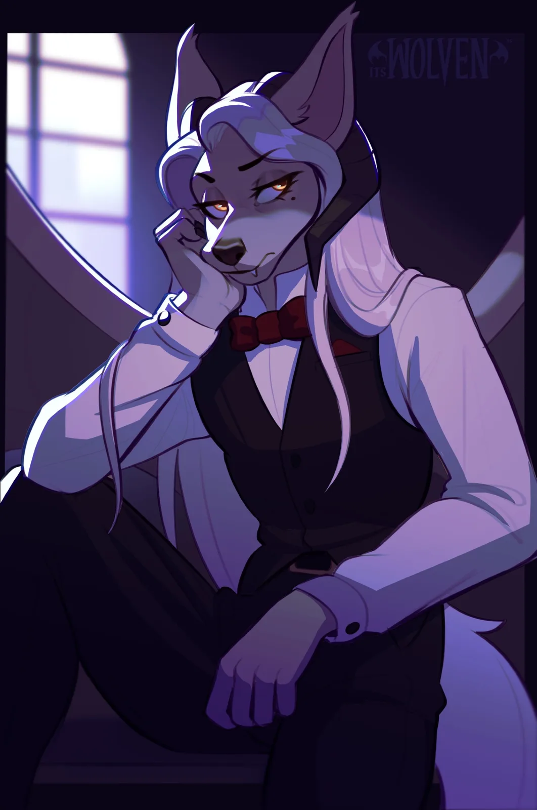 An anime-style anthropomorphic wolf with silver hair and orange eyes, wearing a black vest, white shirt, and red bowtie…
