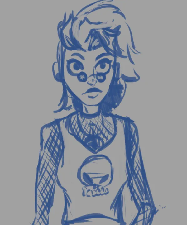 A blue ink sketch of a person with short hair, glasses, and a tank top featuring a skull logo, looking displeased. The text…