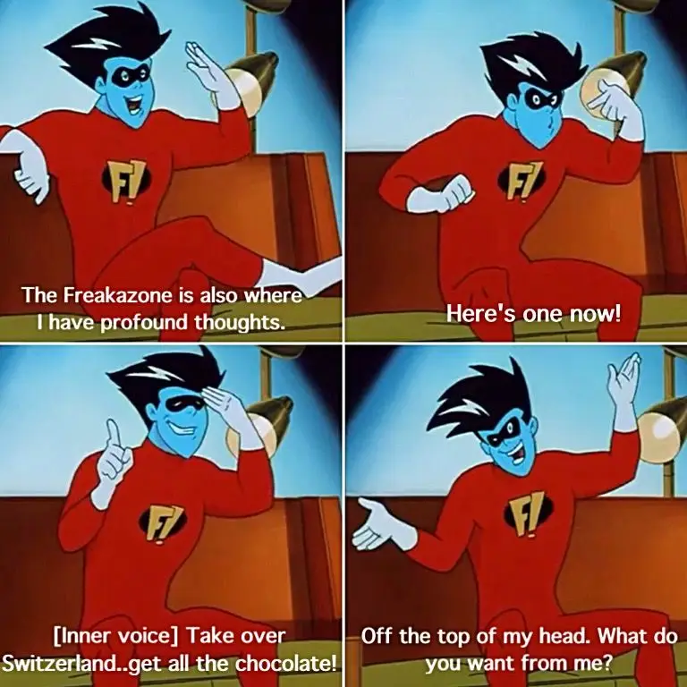 A four-panel comic strip featuring the animated superhero Freakazoid in his red suit with a yellow 'F!' logo, seated in a…
