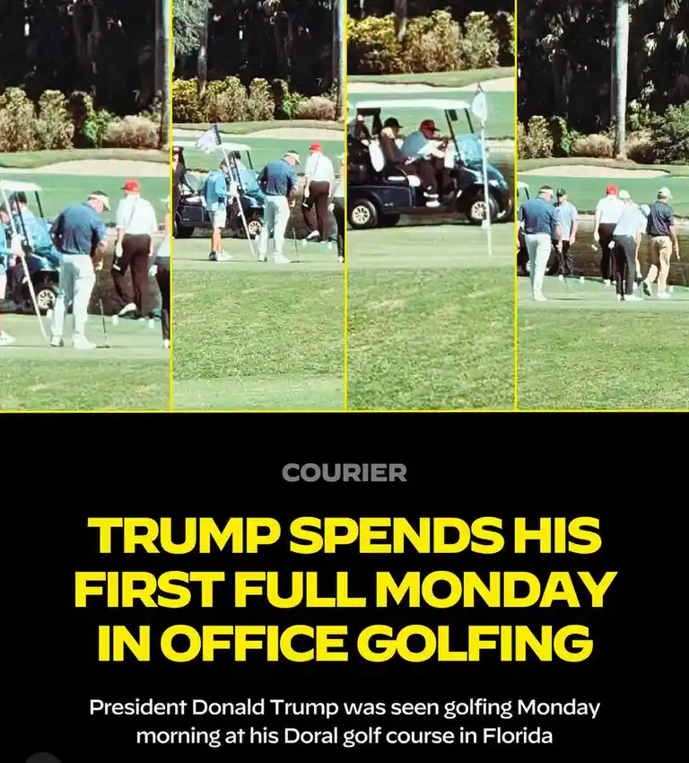A four-panel image collage shows Donald Trump and other golfers on a green, with golf carts and trees in the background…