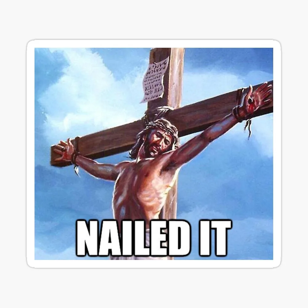 A painting depicts Jesus Christ on a wooden cross against a blue sky with clouds. His hands are nailed to the cross, and he…