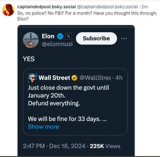 A screenshot of a social media post showing a reply from 'Elon' to a tweet from 'Wall Street'. The Wall Street tweet says…