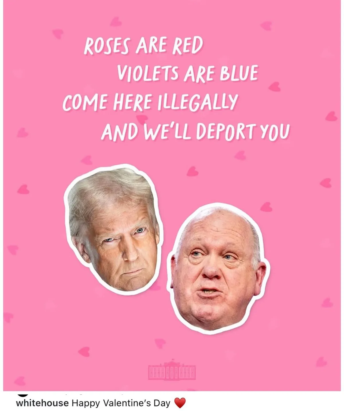 A pink Valentine's Day card background with scattered hearts features two cutout portraits: Donald Trump on the left and…
