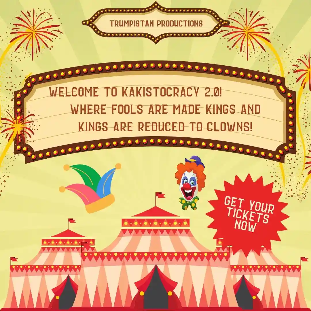 A circus-themed promotional poster with red and white striped tents, fireworks, a clown, and a jester's hat. The text reads…