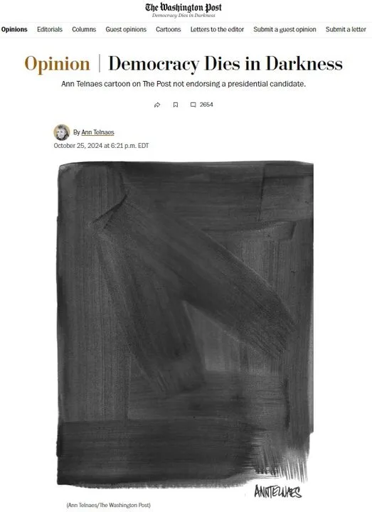 A Washington Post opinion page shows a black-and-white cartoon by Ann Telnaes depicting a dark, abstract shape resembling a…