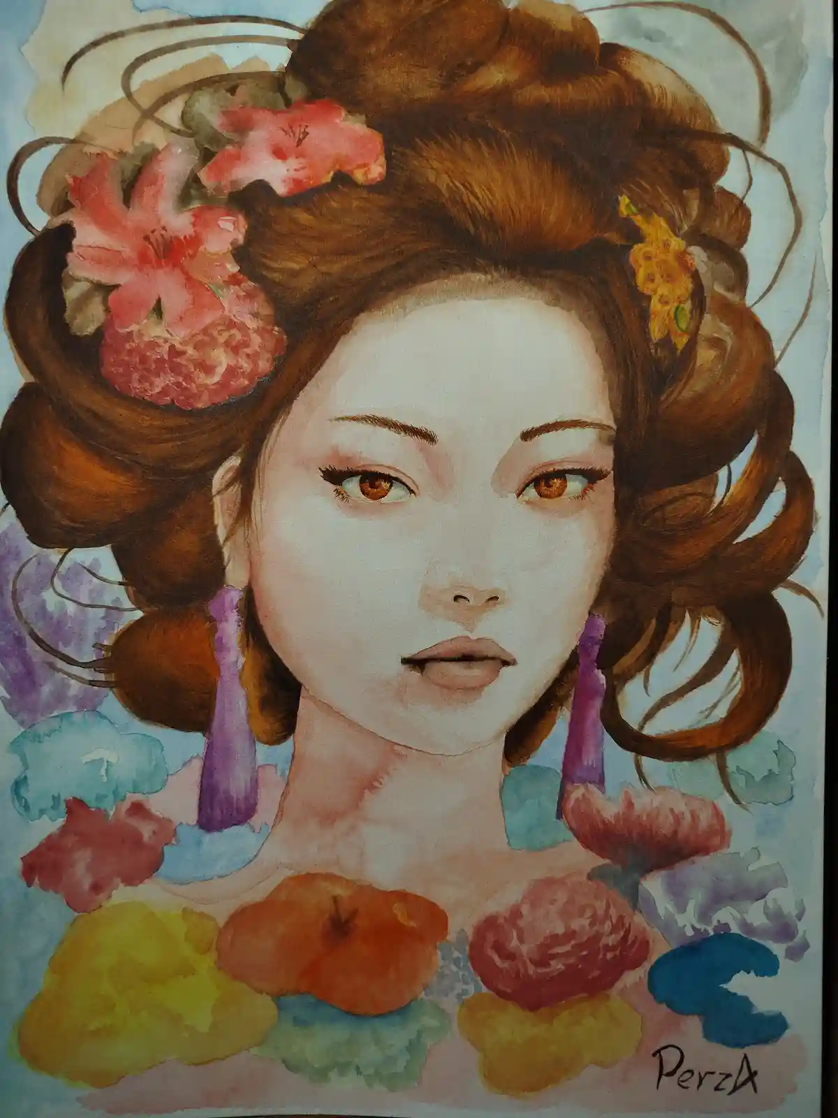 A watercolor portrait of a woman with elaborate brown hair styled in updos, adorned with pink and orange flowers and small…