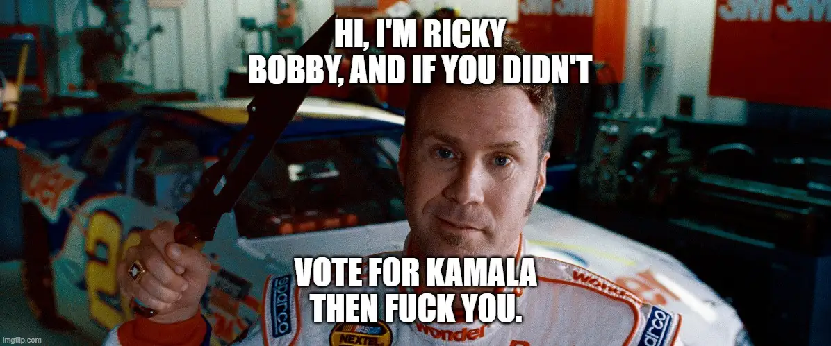 A man in a racing suit holding a large knife stands in front of a race car, with overlaid text reading 'HI, I'M RICKY BOBBY…