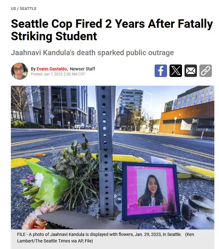 A news article screenshot shows a memorial with flowers and a framed photo of Jaahnavi Kandula placed on a street corner in…