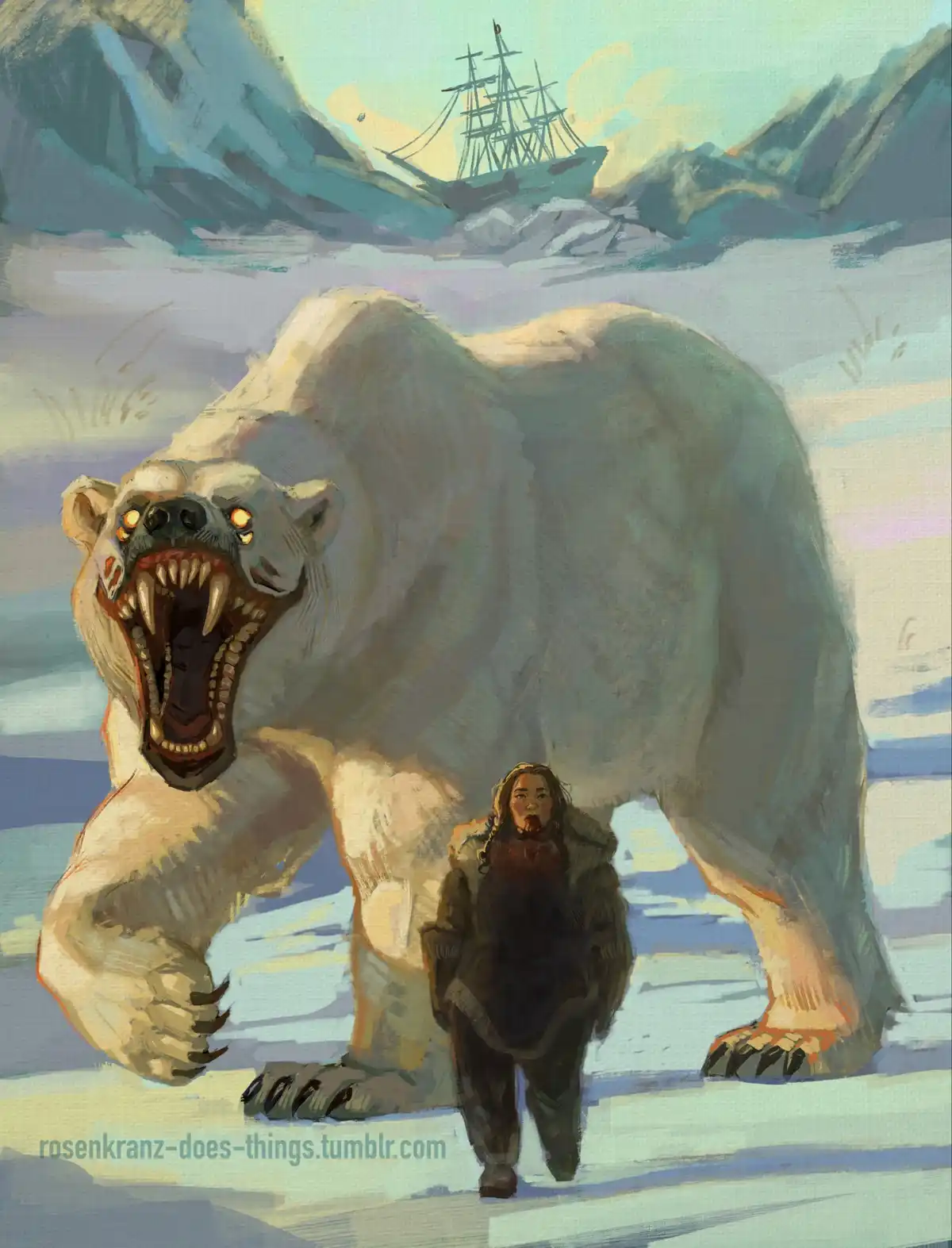 A painting depicts a person in a fur-lined coat walking calmly past a massive, snarling polar bear with glowing eyes. In the…