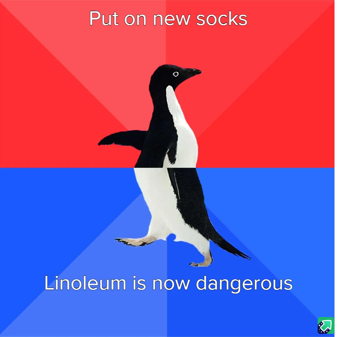 A penguin stands centered against a red and blue background, split horizontally. The top half has white text reading 'Put on…