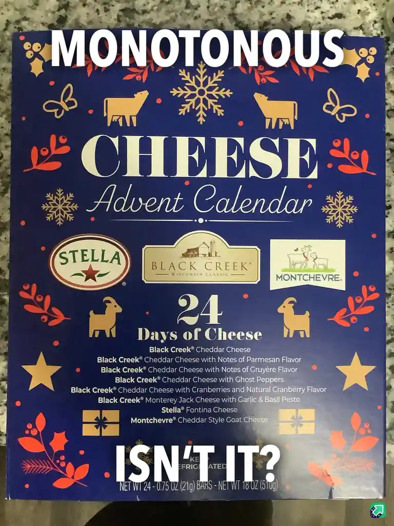 A blue cheese advent calendar box with festive red and gold holiday designs, featuring logos for Stella, Black Creek, and…