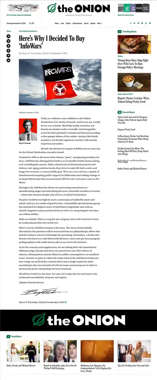 The image displays a satirical news article from The Onion, featuring a headline about acquiring InfoWars. The article…