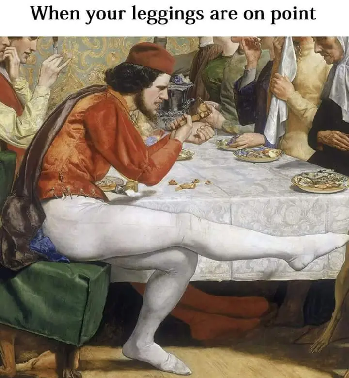 A classical painting depicts a man in a red tunic and a red cap, seated at a banquet table, wearing tight white leggings…