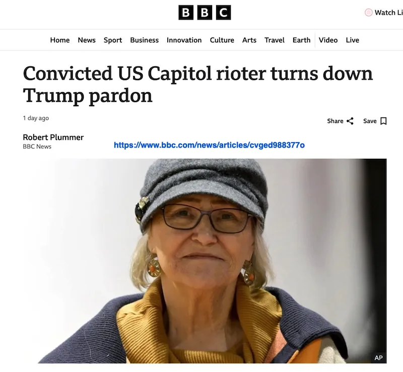 A screenshot of a BBC News article with the headline 'Convicted US Capitol rioter turns down Trump pardon' shows a close-up…