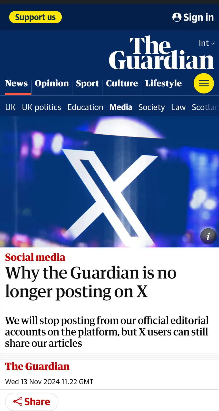 A screenshot of The Guardian's website showing a news article titled 'Why the Guardian is no longer posting on X'. The…