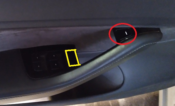 A close-up photo of a car's interior door panel shows a small, recessed button circled in red and a rectangular area…